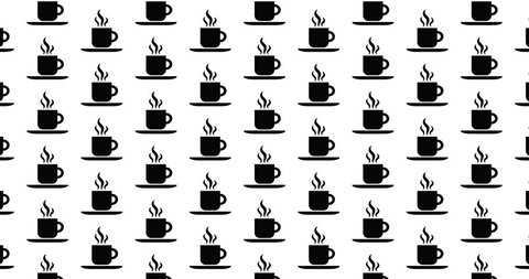 Hot coffee mug icons background clip motion backdrop video in a seamless repeating loop.  Black and white coffee cups breakfast kitchen themed pattern background CGI high definition motion video clip
