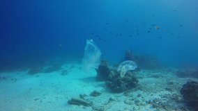 Plastic pollution problem in ocean. Bags, cups and straws discarded in sea and on coral reef 