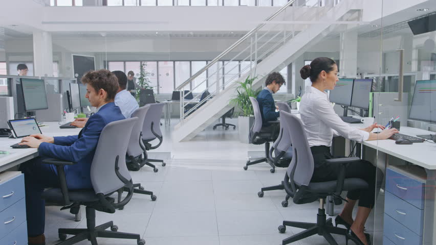 In Modern Office: Diverse Team of Managers and Specialists Work on Computer, Have Discussion with Colleagues and on the Phone. Young and Motivated Business people in Open Office. Royalty-Free Stock Footage #1027712831