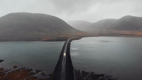 Icelandic road in Snaefellsnes peninsula of Iceland aerial footage – Stockvideo