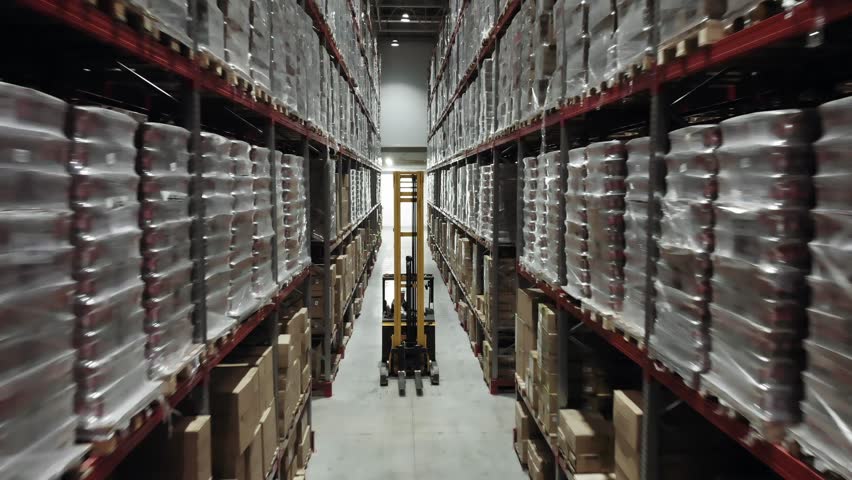 Yellow fork lifter work in big warehouse mooving through the aisle.