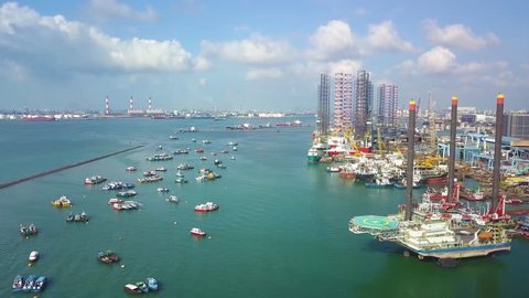 Aerial shot of oil rigs & ships at shipyard, Singapore