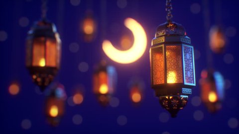 Ramadan candle lanterns are hanging on dark blue background with glowing stars and a crescent. There is a space on top for your message text and logo. Top quality 3d animation.