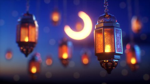 Ramadan candle lanterns are hanging on dawn sky background with glowing stars and a crescent. There is a space on top for your message text and logo. Top quality 3d animation.