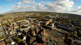 Aerial footage, view of the famous bottle kilns at Gladstone Pottery Museum in Stoke on Trent, Pottery manufacturing, industrial decline and vacant businesses