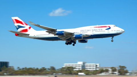 MIAMI, FL - 2019: British Airways Boeing 747-400 Commercial Jet Airliner Landing at MIA Miami International Airport Arriving from London Heathrow on a Sunny Day in South Florida