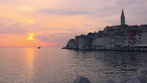 Rovinj / Croatia 07/2016: Sunset at sea in Rovinj famous resort in Croatia