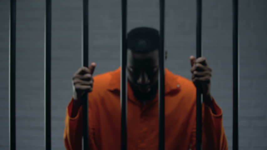 African-american male prisoner holding bars and looking to camera, imprisonment Royalty-Free Stock Footage #1027732337