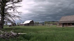 Lowering into the green grass on a stormy day at Moulton Barn on Mormon Row in Grand Teton National Park, Wyoming