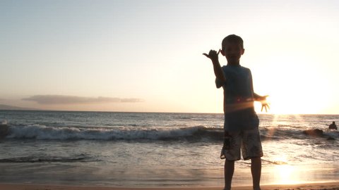 Model released boy gives the camera a Hawaiian shaka sign while on vacation at the beach.
