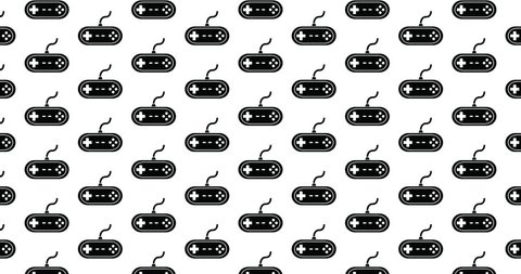 Classic video game controller icons background clip motion backdrop video in a seamless repeating loop.  Black and white gaming video gamer pattern background CGI high definition motion video clip
