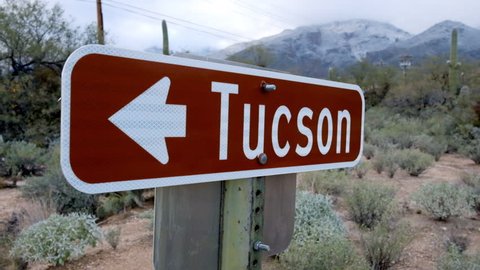 Tucson welcome highlight sign board, with dry landscape green bushes at winter season
(close up shot)