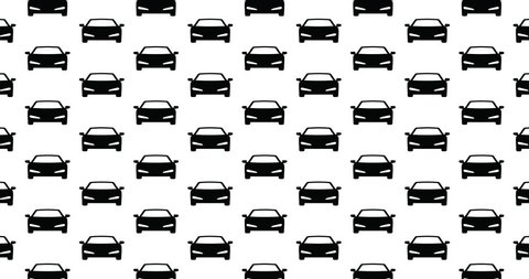 Car icons background clip motion backdrop video in a seamless repeating loop.  Black and white automobile & transportation themed cars pattern background CGI high definition motion video clip
