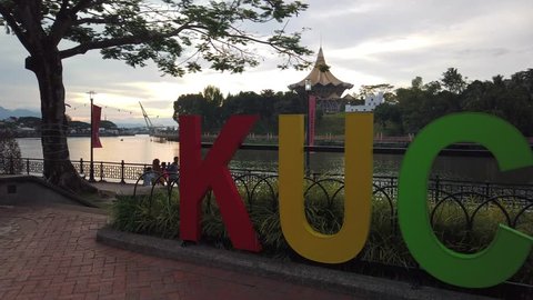 Kuching, Malaysia - April 2019. Cinematic shot of a signboard with "KUCHING" wordings in front of Kuching Waterfront
