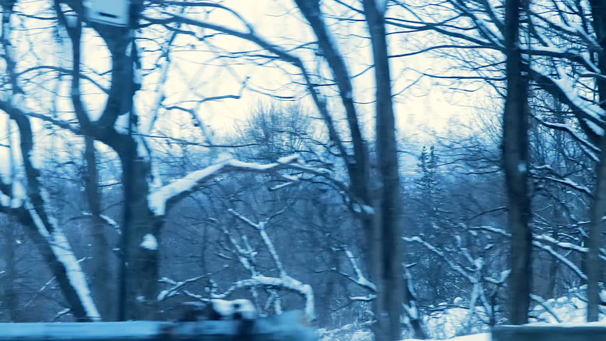 Montreal, Quebec, Canada seem from a car side window descending Mont Royal during winter season.