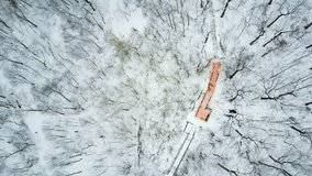 Cinematic drone - aerial footage moving down showing dry trees and hiking paths on a park covered in snow at Montreal, Quebec, Canada during winter season.