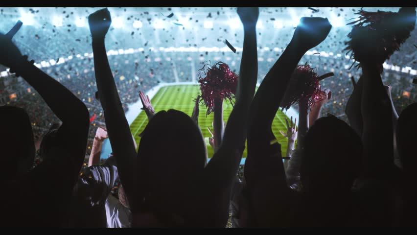 Group of cheering fans watch a sport championship on stadium. Their team wins and everybody are celebrating this event. People are dressed in casual clothes. Colorful confetti fly in the air. Royalty-Free Stock Footage #1027762931