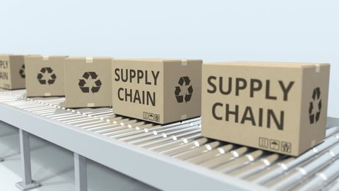 Boxes with SUPPLY CHAIN text on roller conveyor. Loopable 3D animation