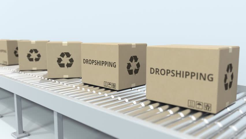 Boxes with DROPSHIPPING text on roller conveyor. Loopable 3D animation Royalty-Free Stock Footage #1027769717