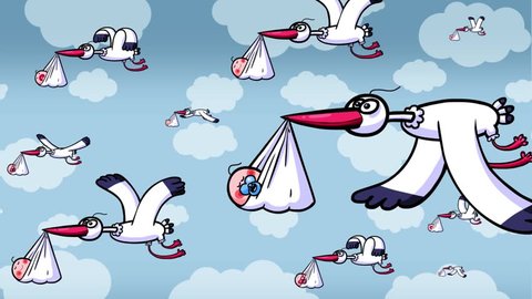 Baby boom. Storks bringing babies sleeping, sucking teats or crying. Seamless looping cartoon. Good for birthday or illustrating a population growth etc...