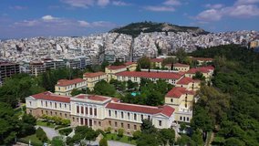 Aerial drone video of public Athens court houses complex in Evelpidon area, Field of Ares, Athens, Attica, Greece
