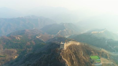 Great Wall of China and Green Mountains. Badaling Section. Aerial View. Drone Flies Forward, Reveal Shot