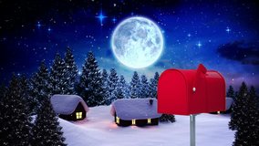 Digitally generated animation of red mailbox sending out letters in a small village at night and background includes small lit house, moon, and Santa Claus and the reindeers - Powered by Shutterstock - Get 15% off with code: PIKWIZARD15