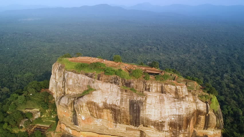 Aerial over lion rock, Sigariya rock fortress. Dambulla, Sri Lanka