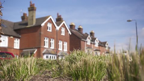 UK Suburban housing with grasses blowing in the wind in slow motion 
