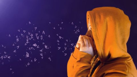 teenage girl, with orange hoodie and sweatshirt, screams and words come out, ideal footage to represent social bullying
