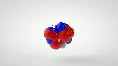 3D animation of explosion of a set of balls of red, blue and white color. Chaotic motion.