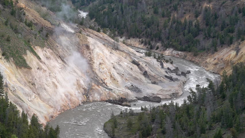 Calcite Springs overlook viewpoint in Yellowstone National Park, features a flowing Yellowstone River along bleached canyon walls and lodgepole pine trees