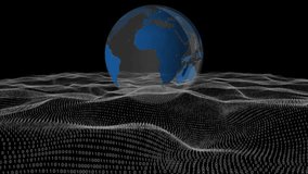 Digitally generated animation of rotating globe while binary codes moves on the screen and lower part of video shows landscape graphs