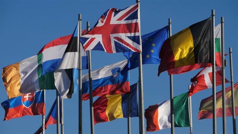 Flags of european countries waving in the wind