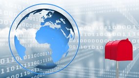 Digitally generated animation of rotating globe, red mailbox appears on the side and opens to an at email sign, and background shows the sky, clouds and binary codes - Powered by Shutterstock - Get 15% off with code: PIKWIZARD15