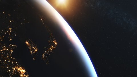 4K Beautiful Sunrise over Japan. Realistic earth with night lights from space. High quality 3d animation. Elements of this image furnished by NASA.