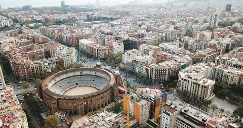 Aerial view of Eixample district and La Monumental, bullfighting arena of Barcelona, Catalonia, Spain