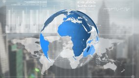 Digitally generated animation of  rotating globe in front of a world map and graphs with background of cityscape. - Powered by Shutterstock - Get 15% off with code: PIKWIZARD15