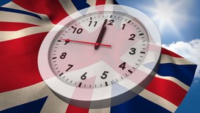 Digital composite of the UK flag changing into European flag while white analog clock turns to 12 with background of the sky with clouds and sun - Powered by Shutterstock - Get 15% off with code: PIKWIZARD15