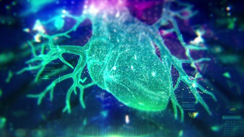 Colorful Human Heart animation with infographics and particles. Plexus. Futuristic and Artistic concept of human anatomy. 4K UHD