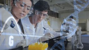 Close up of male and female Caucasian scientists conducting research in a lab with DNA strands and graph running on the foreground. Other scientists are also working in the background - Powered by Shutterstock - Get 15% off with code: PIKWIZARD15