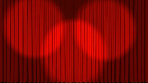 Front view of a theatre stage curtain opening to reveal a dark back stage with star effects