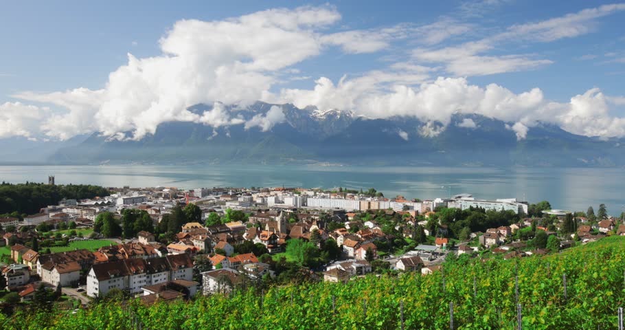 Panorama view of Montreux city with Swiss Alps, lake Geneva and vineyard on Lavaux region, Canton Vaud, Switzerland, Europe.
