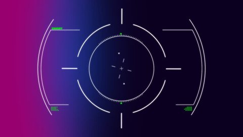 Digital animation of a targeting system crosshair in outer space with red and blue gradient background