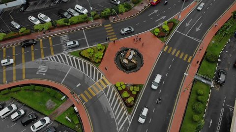 KUCHING, MALAYSIA - APRIL 2019. aerial shot of the Cat Statue in Jalan Padungan, Kuching. Kuching are known as the cat city due to plenty of cats and there are many cats statue around the city