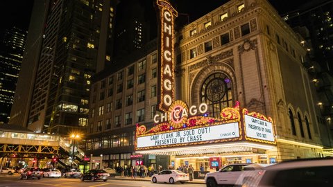 Chicago, Illinois, USA - March 16 2019 : Chicago Theater located on North State Street in the Loop area of Chicago at night on March 16, 2019, USA.