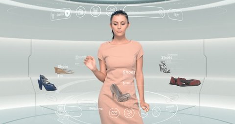Virtual Reality Shop Online shopping concept. Woman operates HUD holographic user interface with products. Girl choosing shoes in internet web metaverse VR store.