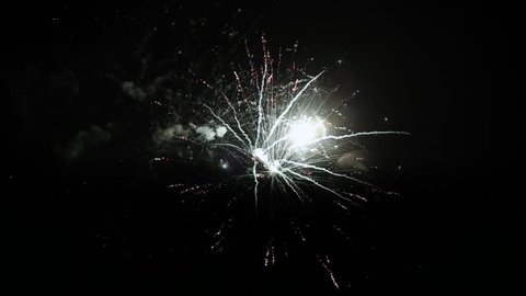 Night sky without any star in sight. Firework explosions of different, various colors and difficulty on clean black natural background. Concept of holidays and celebration with salutes explosion.
