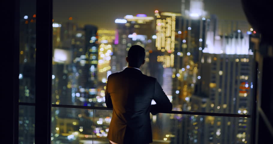 Successful Young Man Looking At Business Buildings Skyline Urban Landscape Digital Nomad Freedom Night Financial District Slow Motion Red Epic 8k