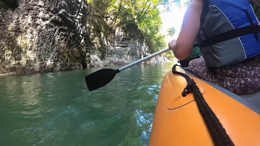 Rafting on Martvili canyon in summertime, Georgia. Slow motion